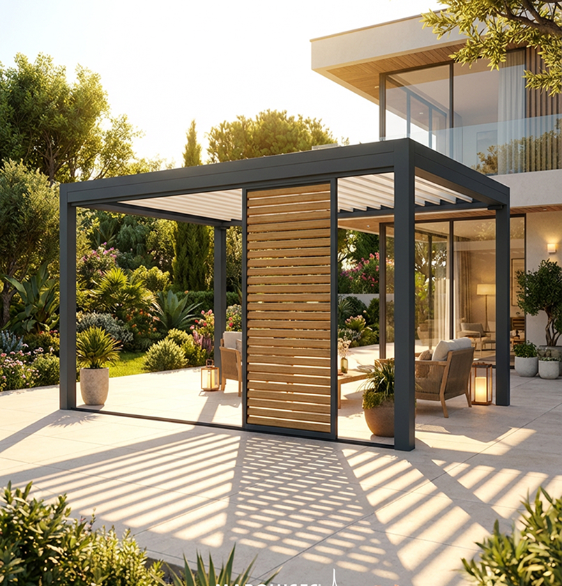 Pergola bioclimatique installée sur une terrasse